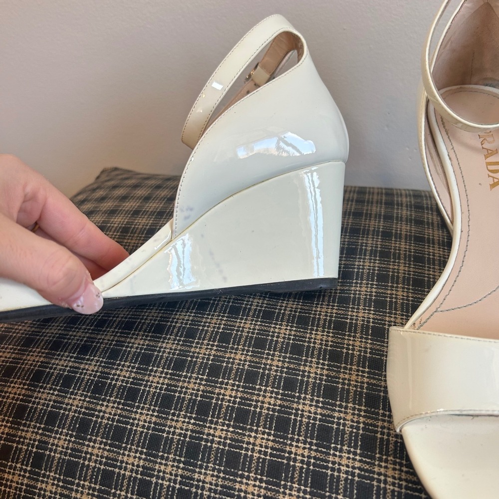 Prada White Patent Leather Wedge Sandals Ankle Strap Heels Women Size 7‎ - Picture 6 of 8